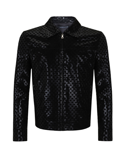 Black Checkerboard Embossed Leather Jacket